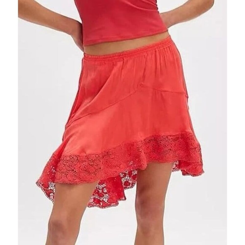 Free People Intimately Small Lace Trim Mini Slip Skirt Red Midnight Muse Boho
